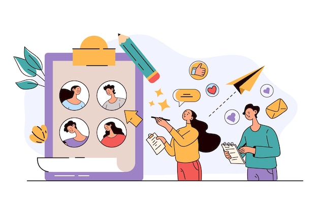 Man woman charactes managers choosing work candidate Headhunting recruitment hr management job interview abstract concept flat modern style design illustration