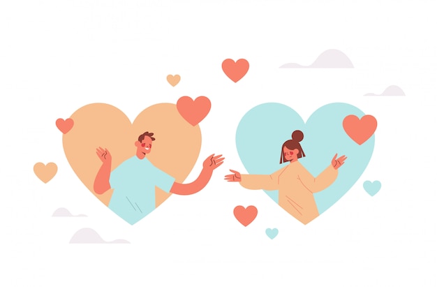 man woman chatting in online dating app couple in colorful hearts find your love social relationship communication concept portrait horizontal illustration