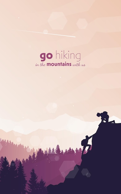 Vector man and woman climbs the mountains vector flat polygonal landscape illustration