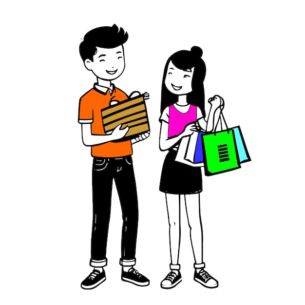 Man and woman colored illustration bags illustration