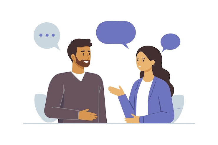 Vector a man and woman conversing with speech bubbles above their heads