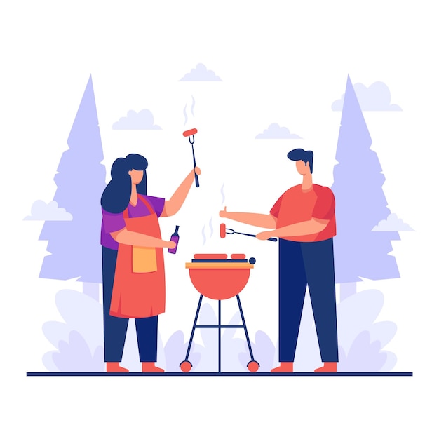 a man and a woman cooking on a barbecue