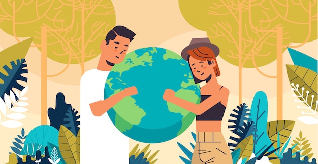 man woman couple holding earth globe go green save planet environment conservation energy saving concept landscape background horizontal portrait