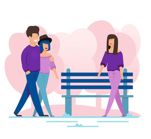 Vector man and woman couple meet female friend on walk