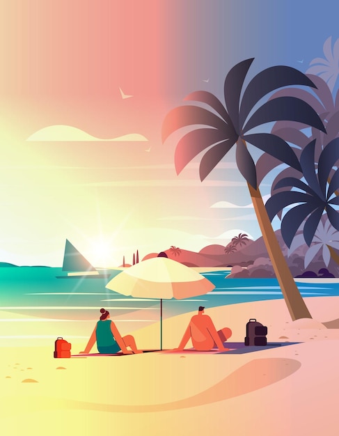 Vector man woman couple sitting together under umbrella on tropical beach summer vacation time to travel concept