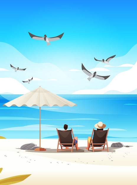 Man woman couple sitting together under umbrella on tropical beach summer vacation time to travel concept