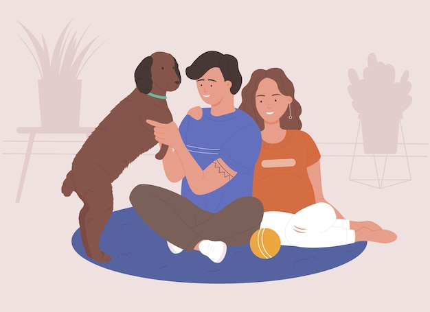 Vector man and woman couple spend time and playing with pet at home together, relaxing with own dog inside