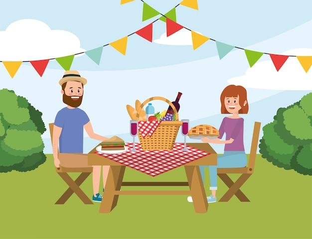 Man and woman couple in the table with basket