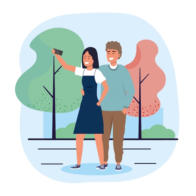 Vector man and woman couple together with smartphone