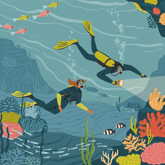 Мужчина и женщина в костюмах и костюмах наслаждаются романтическим дайвингом, плавают вместе под водой, наблюдают за обитателями океана и коралловыми рифами.