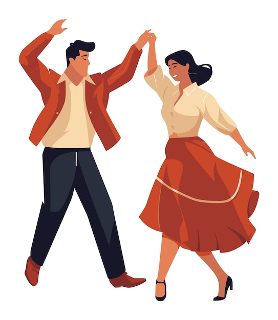 Vector man and woman dancing happily together male in casual attire and female in red skirt joyous dance