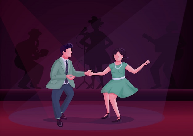 Illustrazione di colore di torsione di dancing della donna e dell'uomo. personaggi dei cartoni animati di artisti di swing swing sul palco. coppia alla festa di revival vintage con le ombre del pubblico su sfondo