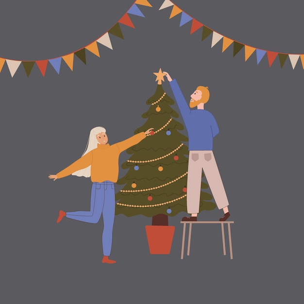 A man and a woman decorate a christmas tree. new year or christmas design.