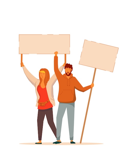 Man and woman demonstrator. Male and female protester or activist with raised fist angry shouting holding empty banner  on white background. Political meeting and protest  illustration