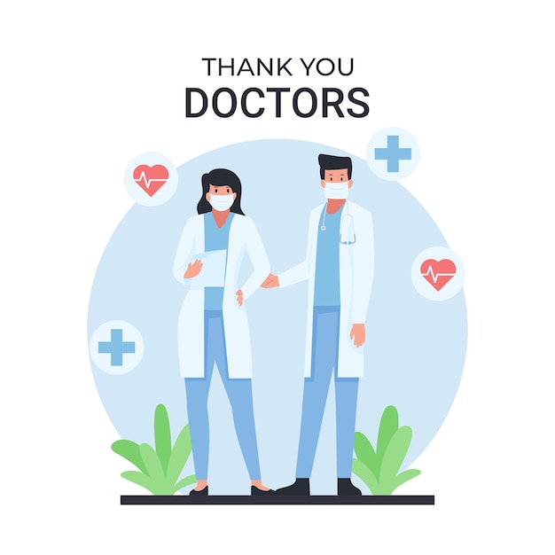 Man and woman doctor stand with thank you text