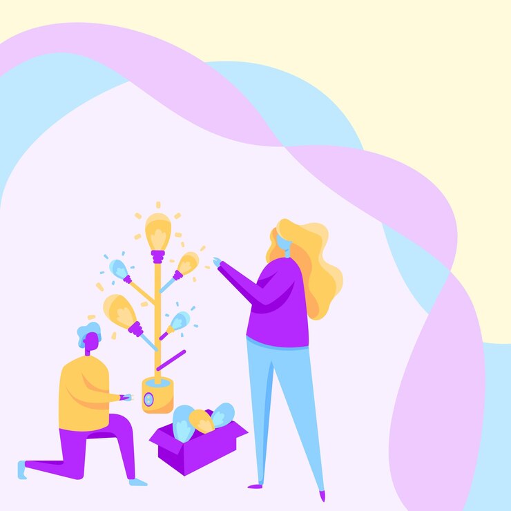 Vector man and woman drawing standing kneeling assembling light bulb tree beside a box filled with glass