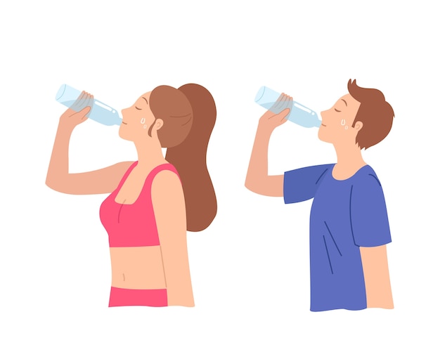 Man and woman drinking from plastic bottle in sport wear attire.