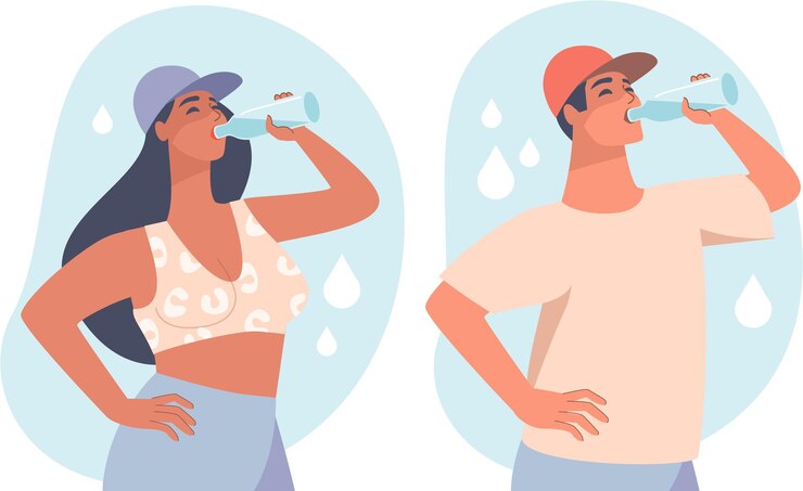 Vector man and woman drinking water from bottles stay hydrated concept vector characters