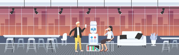Man woman drinking water near cooler colleagues couple refreshing during break time concept modern office interior horizontal full length