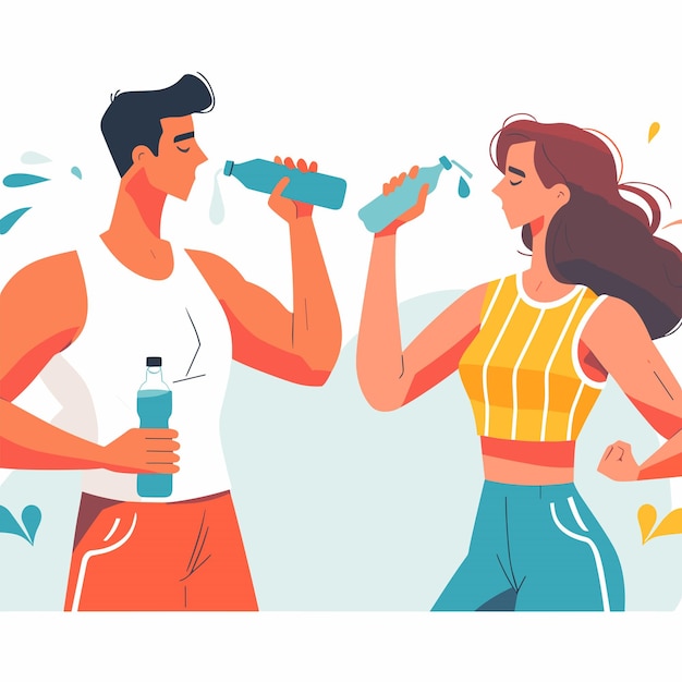 A man and woman drinking water stay hydrated flat simple vector illustrations on white background