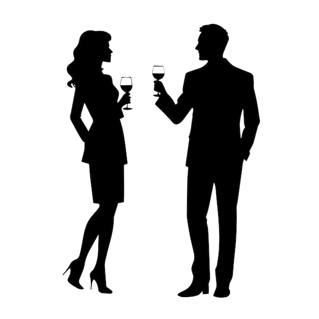 一緒にワインを飲む男性と女性のシルエット