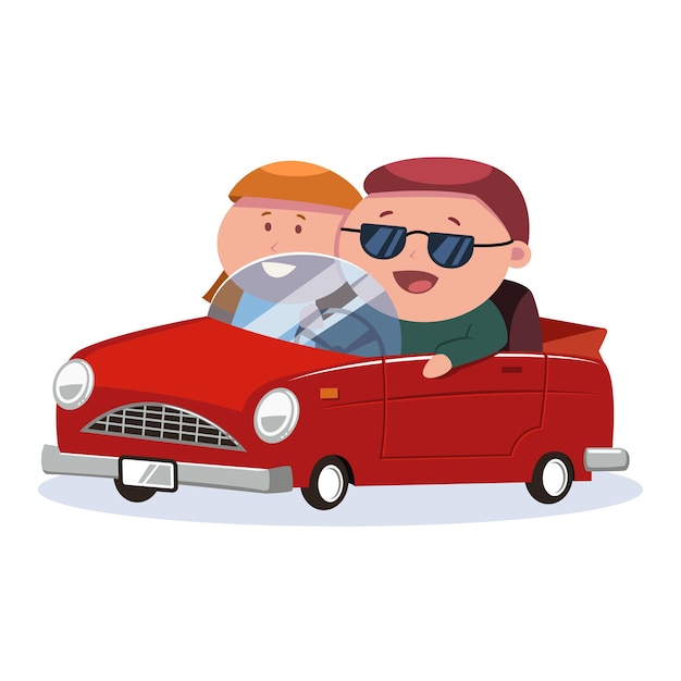 Uomo e donna che guidano su un'auto rossa. illustrazione del fumetto isolato su priorità bassa bianca.