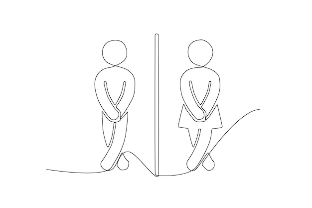 Man and woman dying for a pee with separation line for toilet sign line art