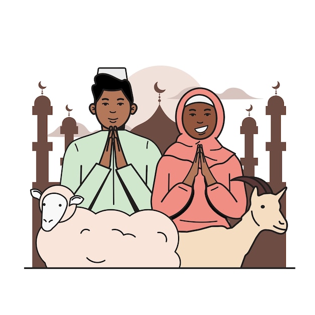 Man woman eid adha mosque with animals greetings in flat illustration