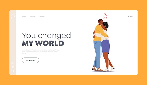 Man and Woman Embrace Each Other Landing Page Template African Male Female Characters Hugging Young Loving Couple