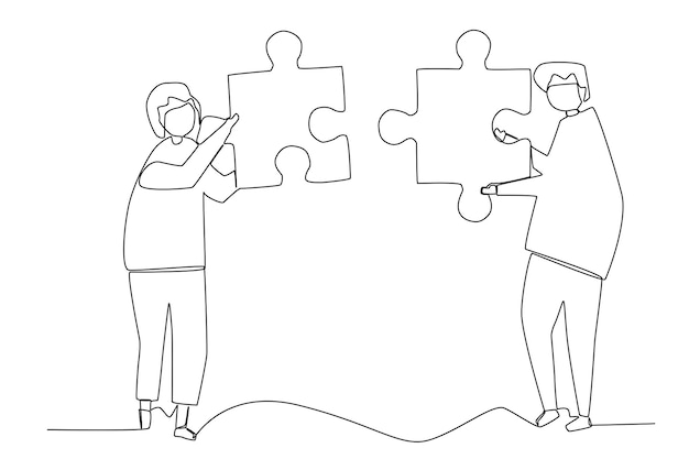 A man and woman employees working to solve a problem one line art