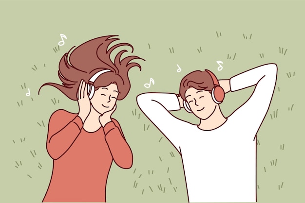 Man and woman enjoy listening to music in wireless headphones and enjoy cool song Vector image