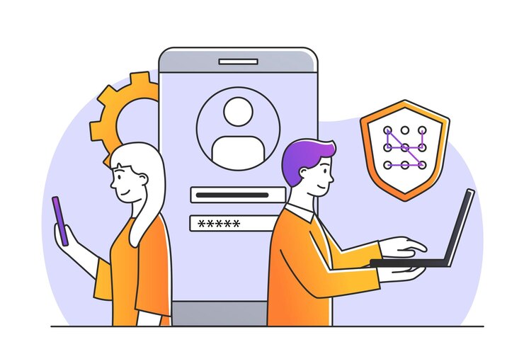 Vector man and woman entering password