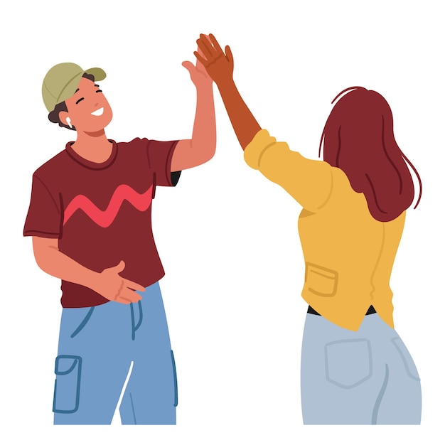 Vettore un uomo e una donna si collegano con entusiasmo palmo a palmo in un festeggiamento con cinque personaggi che irradiano gioia, realizzazione e unità nel loro momento condiviso di successo cartoon people vector illustration