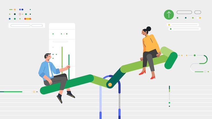 Vector man and woman entrepreneurs on seesaw graph chart up and down of business growth
