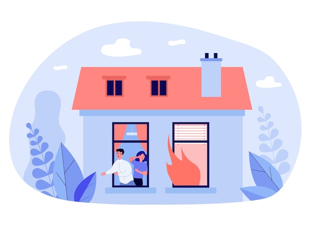 Man and woman escaping house fire in flat design