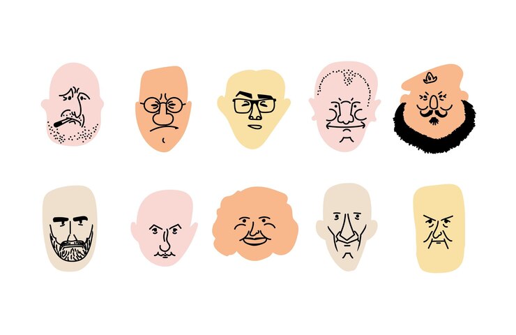 Vector man woman face senior mature adult people diverse characters set different shapes funny person collection of facial expressions vector artoon line hand drawn sketch illustration