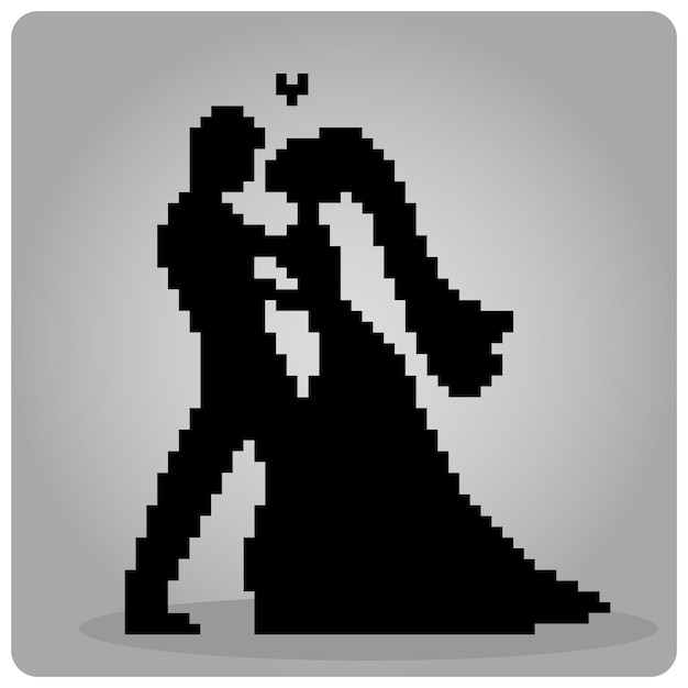 Man and woman fall in love 8 bit pixels. Man proposes to a woman to marry him in vector illustration