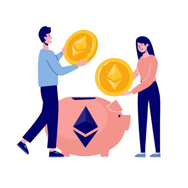 Мужчина и женщина наполняют свою копилку монетами Ethereum Схема накопления криптовалюты Vecto