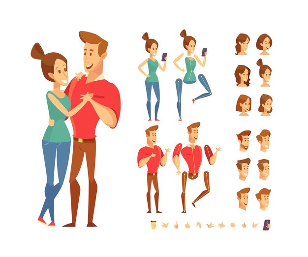 Man and woman flat vector character for animation young couple constructor