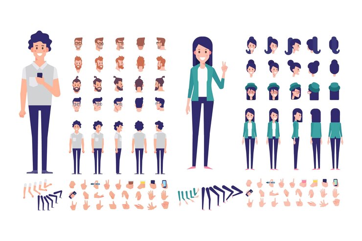 Vector man and woman front side back view flat vector characters for animation