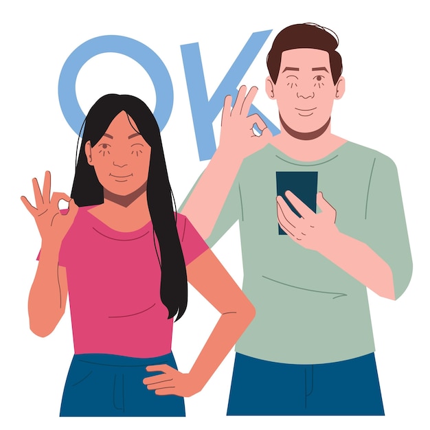 man woman giving okay hand sign in flat illustration