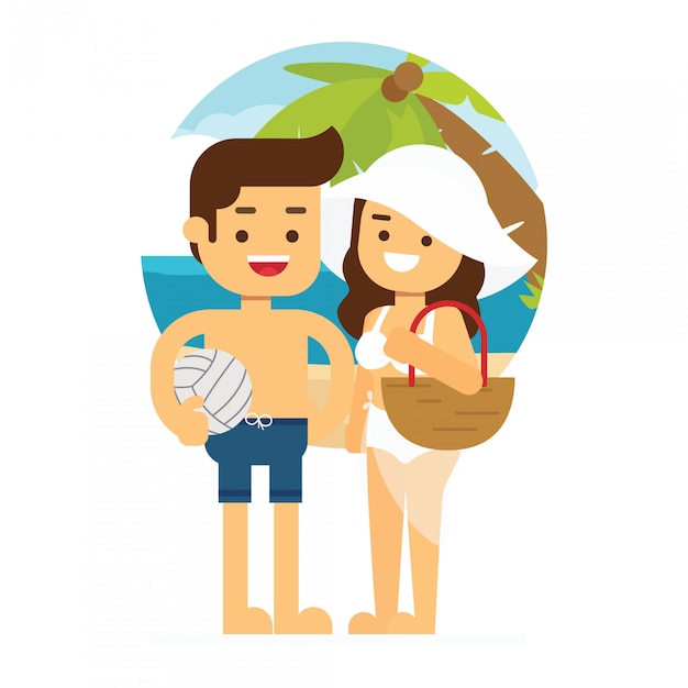 Man and woman go to travel cool vector flat design summer beach vacation adult couple standing with beach palms