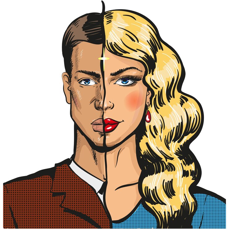 Vector man and woman half face vector isolated on white