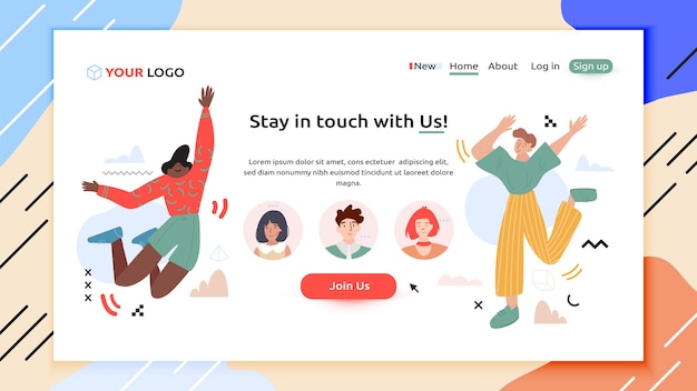 Man and woman happily jumping around three peoples avatars. Landing page