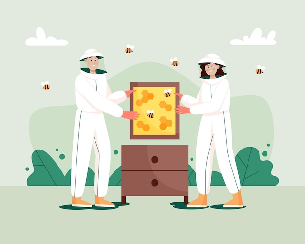 Vector man and woman in hat and protective uniform with a honeycomb frame and beehive