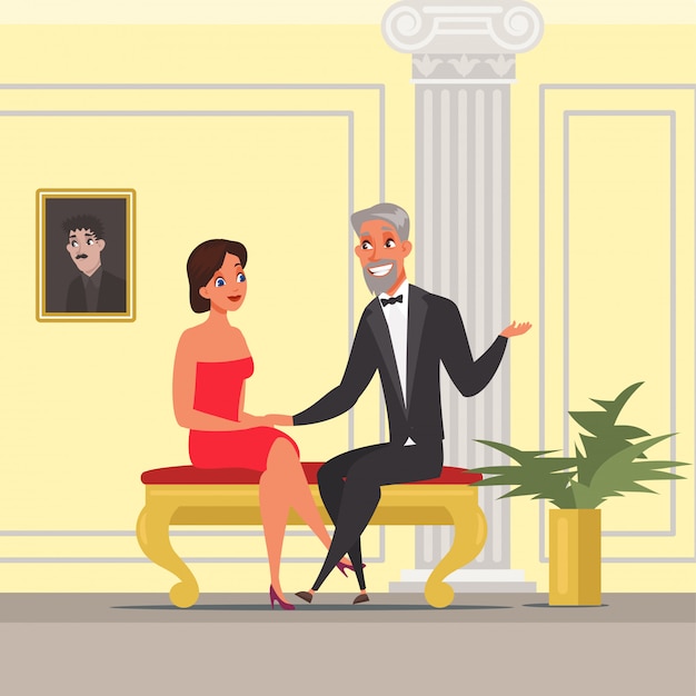 Uomo e donna che hanno illustrazione della data. moglie e marito a teatro, opera, operetta. interiore della sala cinematografica fantasia. coppia seduta e parlando personaggi dei cartoni animati, persone all'evento vip