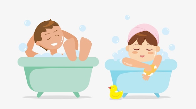 Uomo e donna che fanno doccia o bagno seduti nella vasca da bagno con illustrazione di schiuma