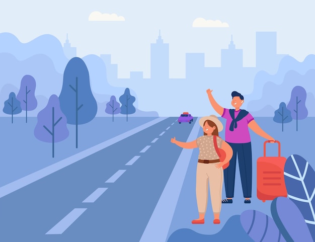 Man and woman hitchhiking on road flat illustration