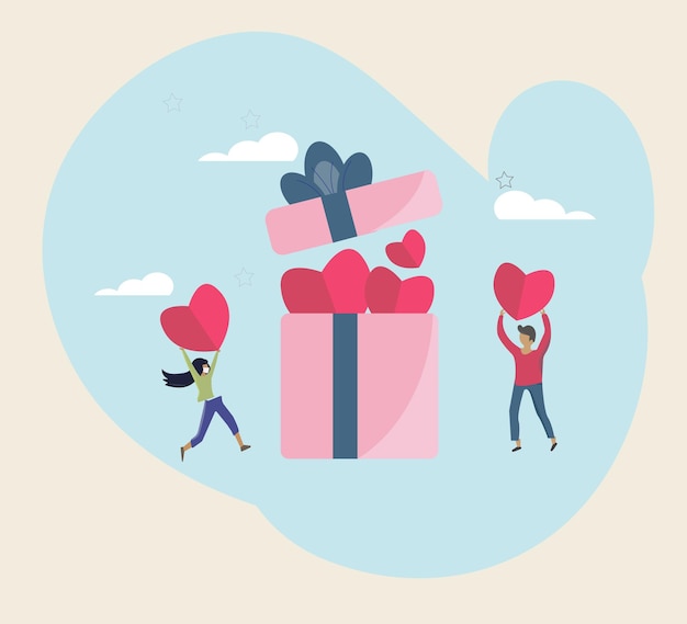 Vector man and woman hold red heart to gift box