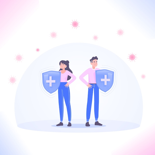 Vector man and woman holding antibacterial shield